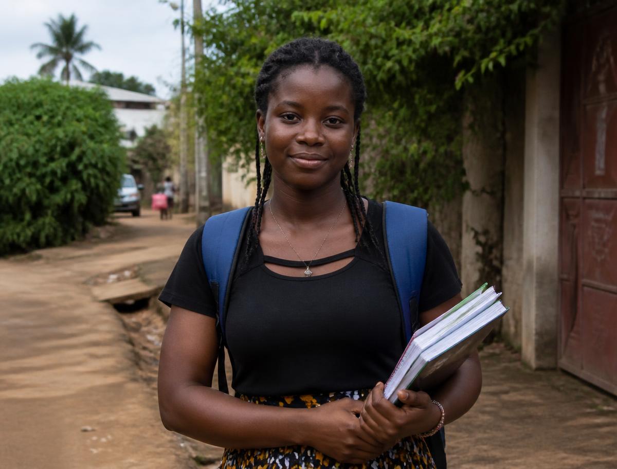 Portrait d'une étudiante répétitrice avec ses cahiers dans son quartier
